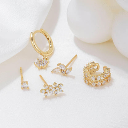 Stacking 5 Pieces Floral & Geometric Zirconia Earring Set, 18k Gold Plated Studs, Drops & Hoops, S925 Needle
