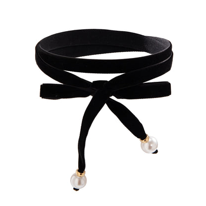Velvet Pearl Bow Ribbon Choker Simple Long Lace up Choker Necklaces