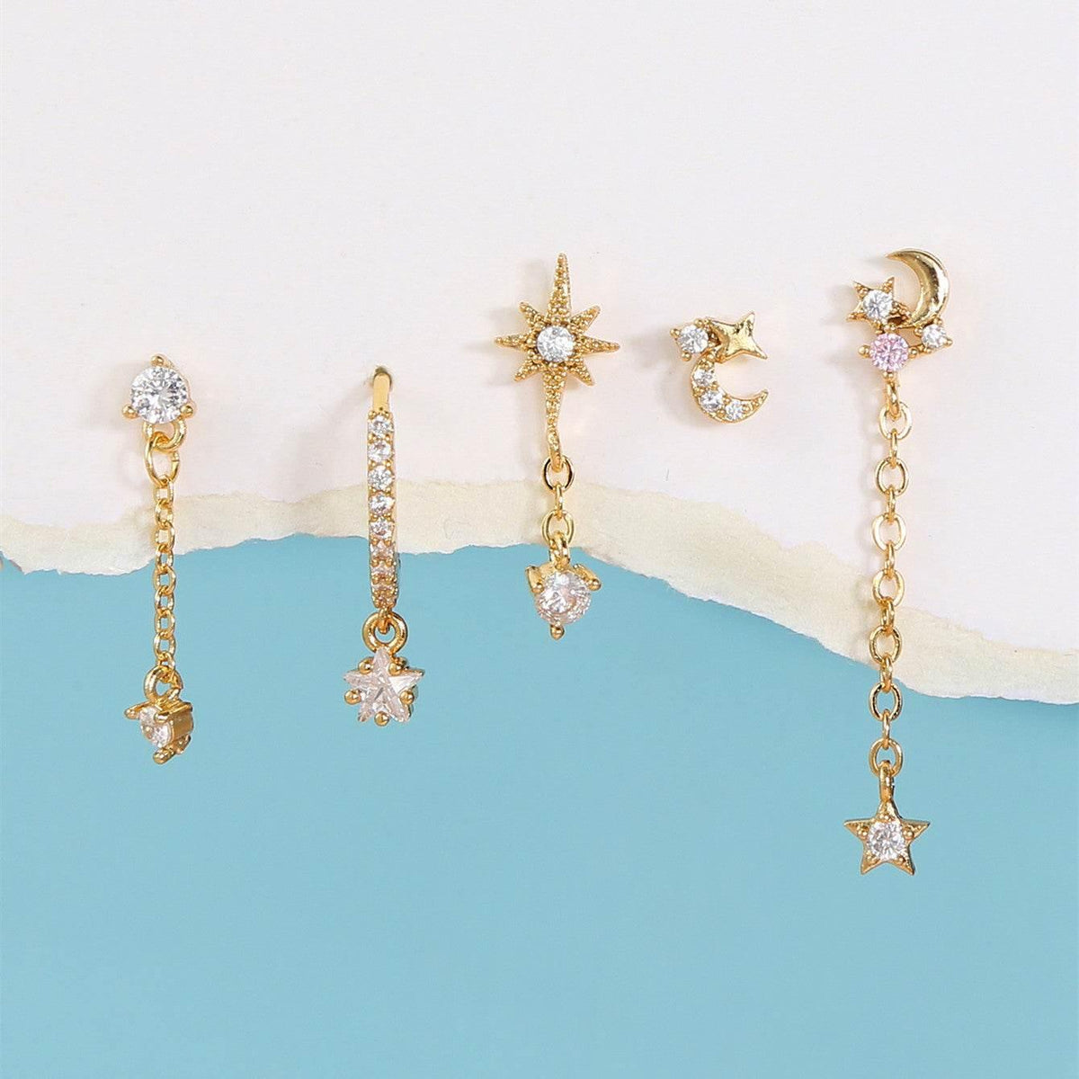 Stacking 5 Pieces Eight-Pointed Star Earrings Set, 18k Gold Plated Ear Studs & Ear Drops, Stacked Lobe Design with Dazzling Zircon Stones