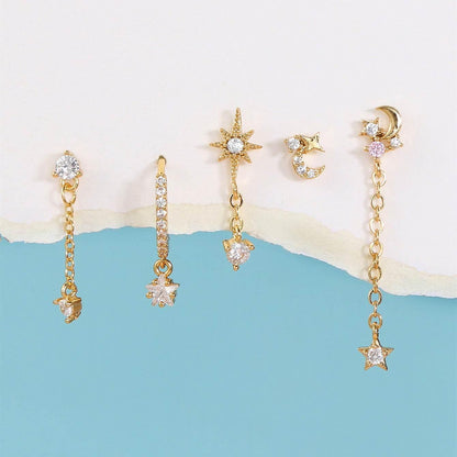 Stacking 5 Pieces Eight-Pointed Star Earrings Set, 18k Gold Plated Ear Studs & Ear Drops, Stacked Lobe Design with Dazzling Zircon Stones