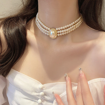 Handmade 3-Layer Retro Necklace for Women round Imitation Pearl Choker