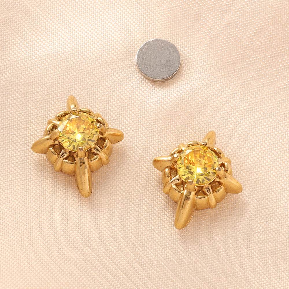 Magnetic 4-Pointed Star CZ Stud Earrings for Men Women, Multicolor Non-Piercing Clip On Stainless Steel