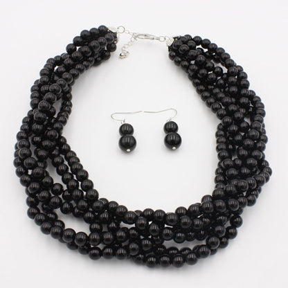 Multilayer Imitation Pearl Earhook Beaded Necklace Short Jewelry Set