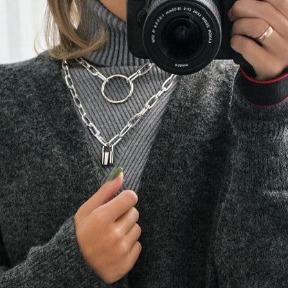 Punk Double Layer Lock Chain Necklace Padlock