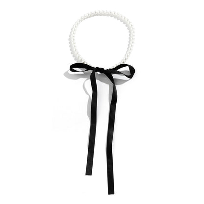Long Bow Collarbone Chain Necklace DIY Lace up Velvet Pearl Necklace
