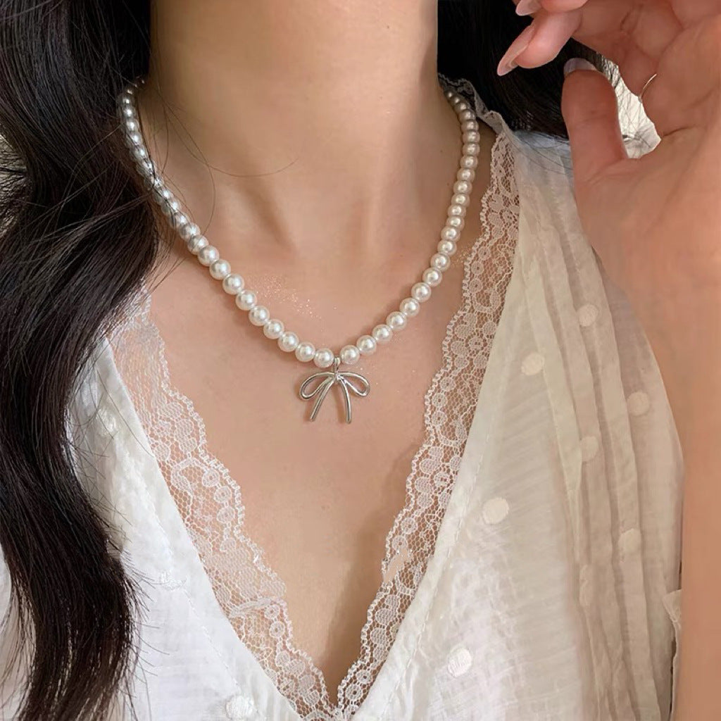 Bow Knot Shape Necklace Women Pearl Beads Necklace