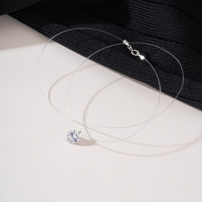 S925 Mermaid Tear Floating CZ Necklace, Sterling Silver Invisible Fishing Line 6-8mm Cubic Zirconia Pendant