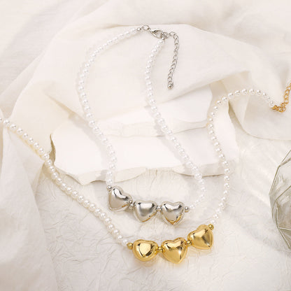 Pearl Beaded Necklace love Pendant