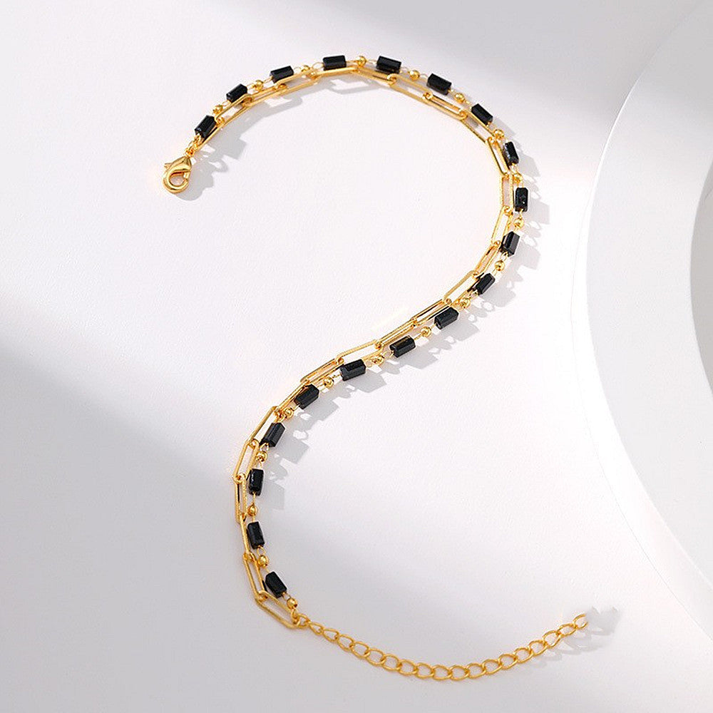 Beach Black Crystal Anklet Chain Layer Beaded Foot Bracelet