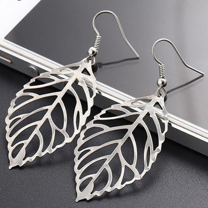 Vintage Bohemia Long Big Hollow Leaf Drop Earrings