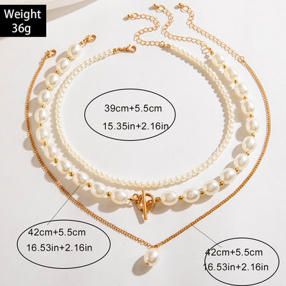 Vintage Chain Pearl Necklace Multilayer Geometric