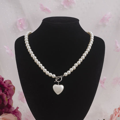 Glass Pearl Love Pendant Necklace with Clavicle Chain