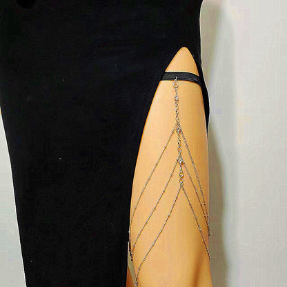 Sexy Multilayer Bead Chain Rhinestone Tassel Adjustable Elastic Thigh Chain