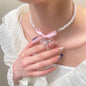 Romantic pink love Bow Pearl Necklace