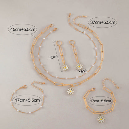 Pearls Daisy Flower Bracelet Earring Necklace Jewelry Set