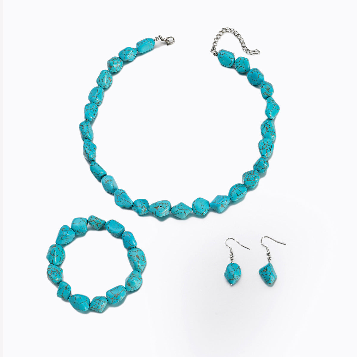 Vintage Turquoise Bracelet Irregular Beaded Necklace Elastic Bracelet Earrings Pendant Set