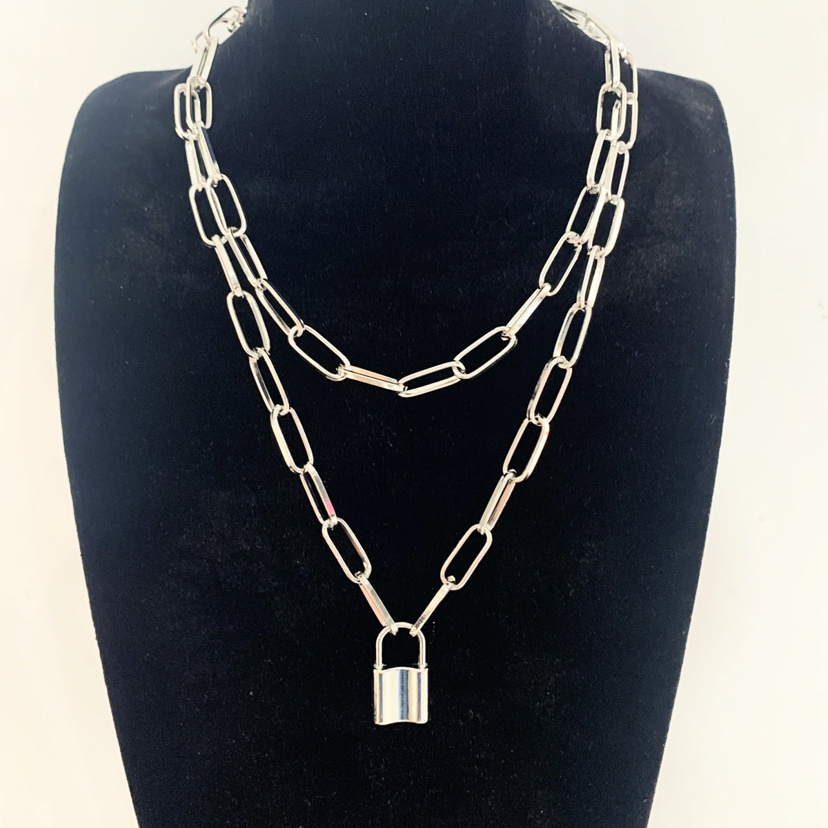 Punk Double Layer Lock Chain Necklace Padlock Pendant for Women