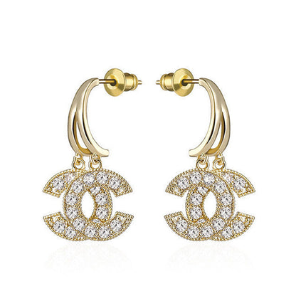 Double C Letter Rhinestone Earrings