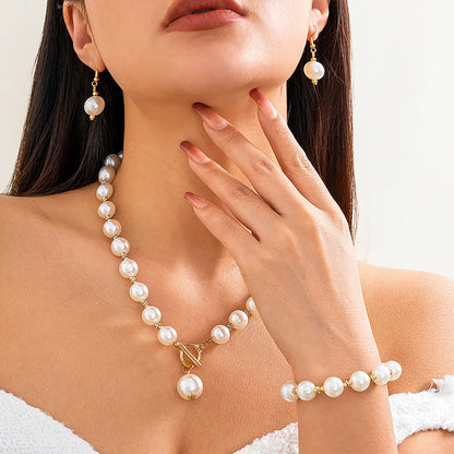Retro Beaded Pearl Necklace Bracelet Earrings Jewelry Set