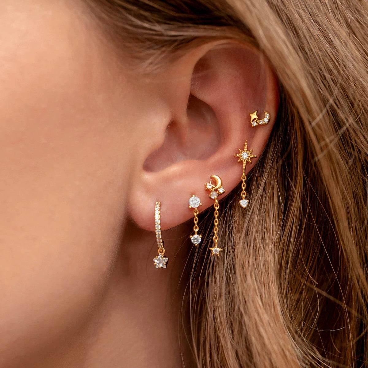 Stacking 5 Pieces Eight-Pointed Star Earrings Set, 18k Gold Plated Ear Studs & Ear Drops, Stacked Lobe Design with Dazzling Zircon Stones
