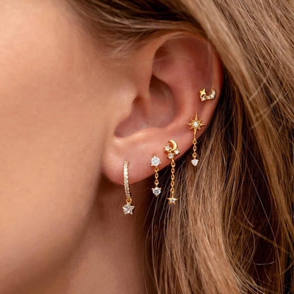 Stacking 5 Pieces Eight-Pointed Star Earrings Set, 18k Gold Plated Ear Studs & Ear Drops, Stacked Lobe Design with Dazzling Zircon Stones
