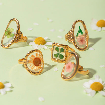 Stainless Steel Round Preserved Flower Orange Ring
