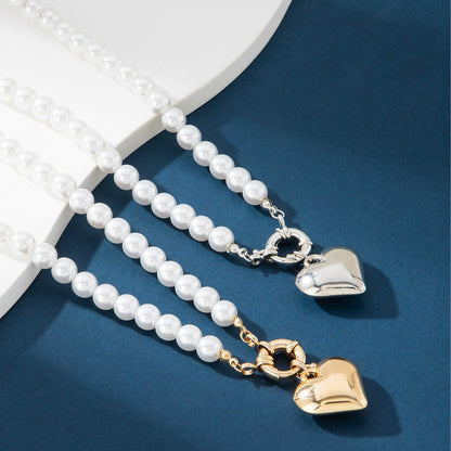 Imitation Pearl Multilayer Choker Necklace for Women Elegant Heart Pendant Necklace