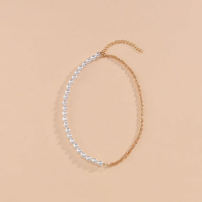 Chain Link Choker Necklace Half Pearl