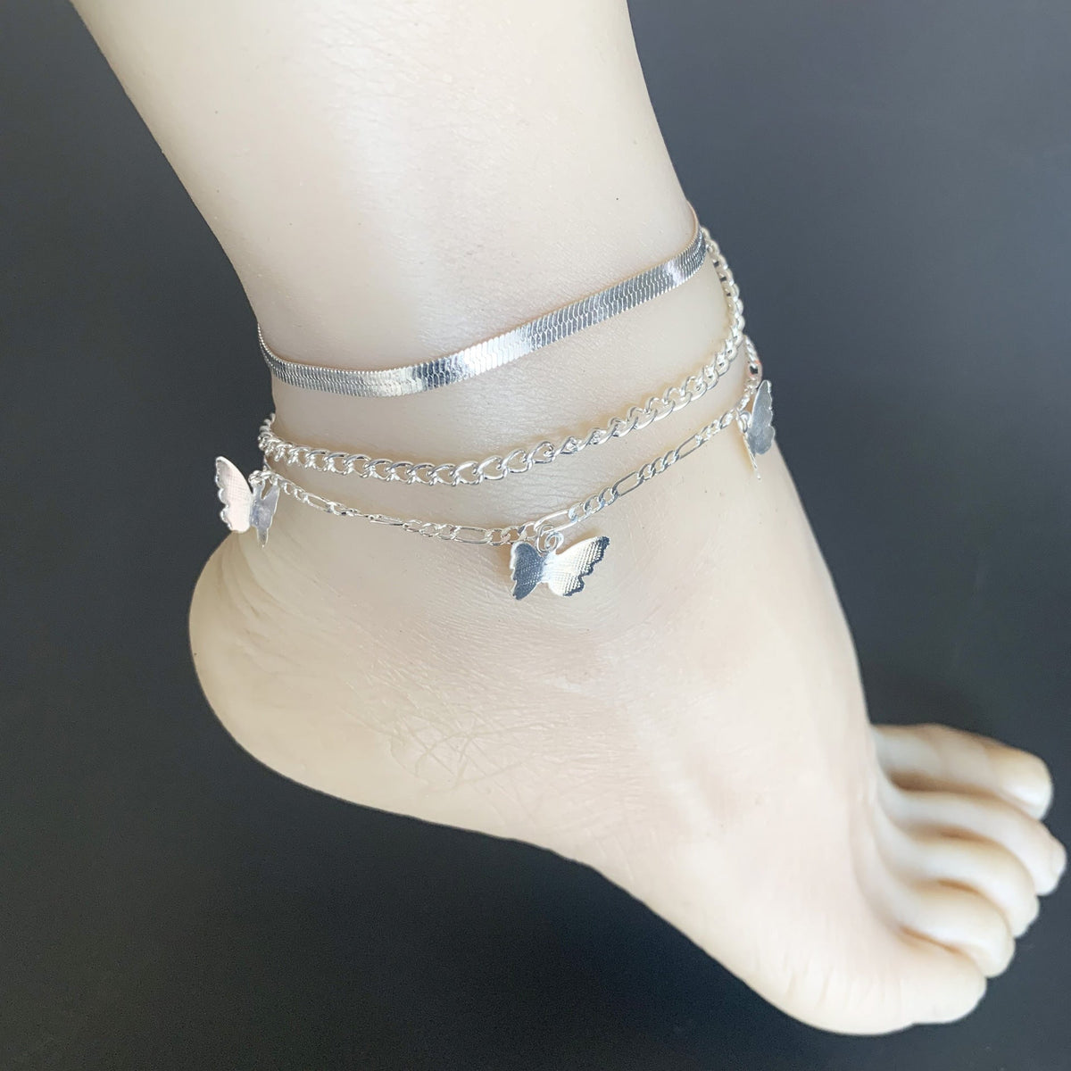 Figaro Chain Geometric Anklet Women Butterfly Tassel Multilayer Foot Chain