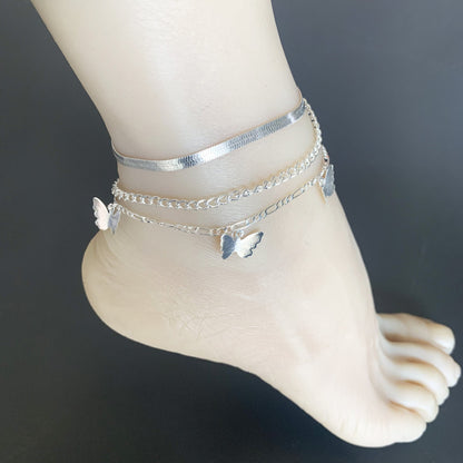 Figaro Chain Geometric Anklet Women Butterfly Tassel Multilayer Foot Chain
