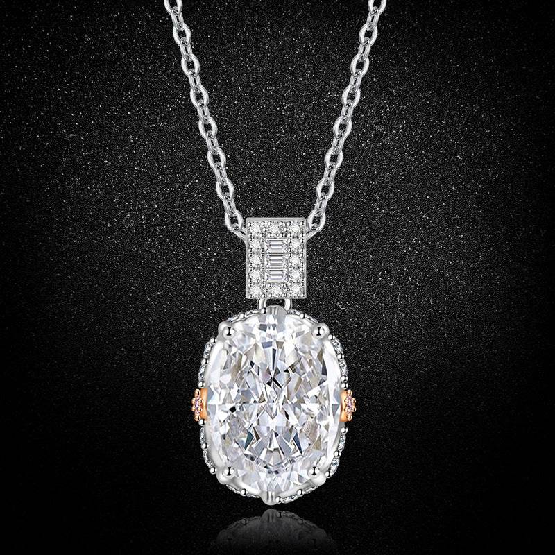 Multicolor Ice Flower Cut Oval CZ Pendant Necklace, 10*14mm 8A Cubic Zirconia, Two-Tone Pave CZ Halo with Pavé Top Frame, Adjustable Chain