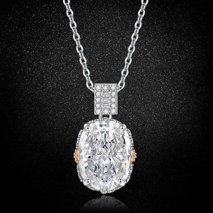 Multicolor Ice Flower Cut Oval CZ Pendant Necklace, 10*14mm 8A Cubic Zirconia, Two-Tone Pave CZ Halo with Pavé Top Frame, Adjustable Chain