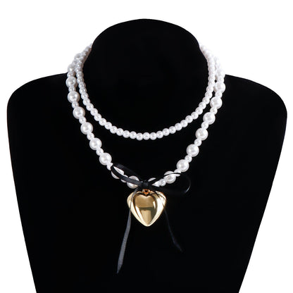 Pearl Bead Neckchain Black Ribbon Bowknot Heart Pendant Necklace