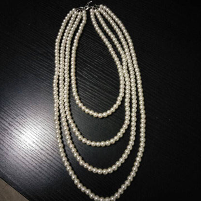 Multilayer Strand Chain Necklace Faux Pearls Flapper Beads Cluster Long Choker Necklace
