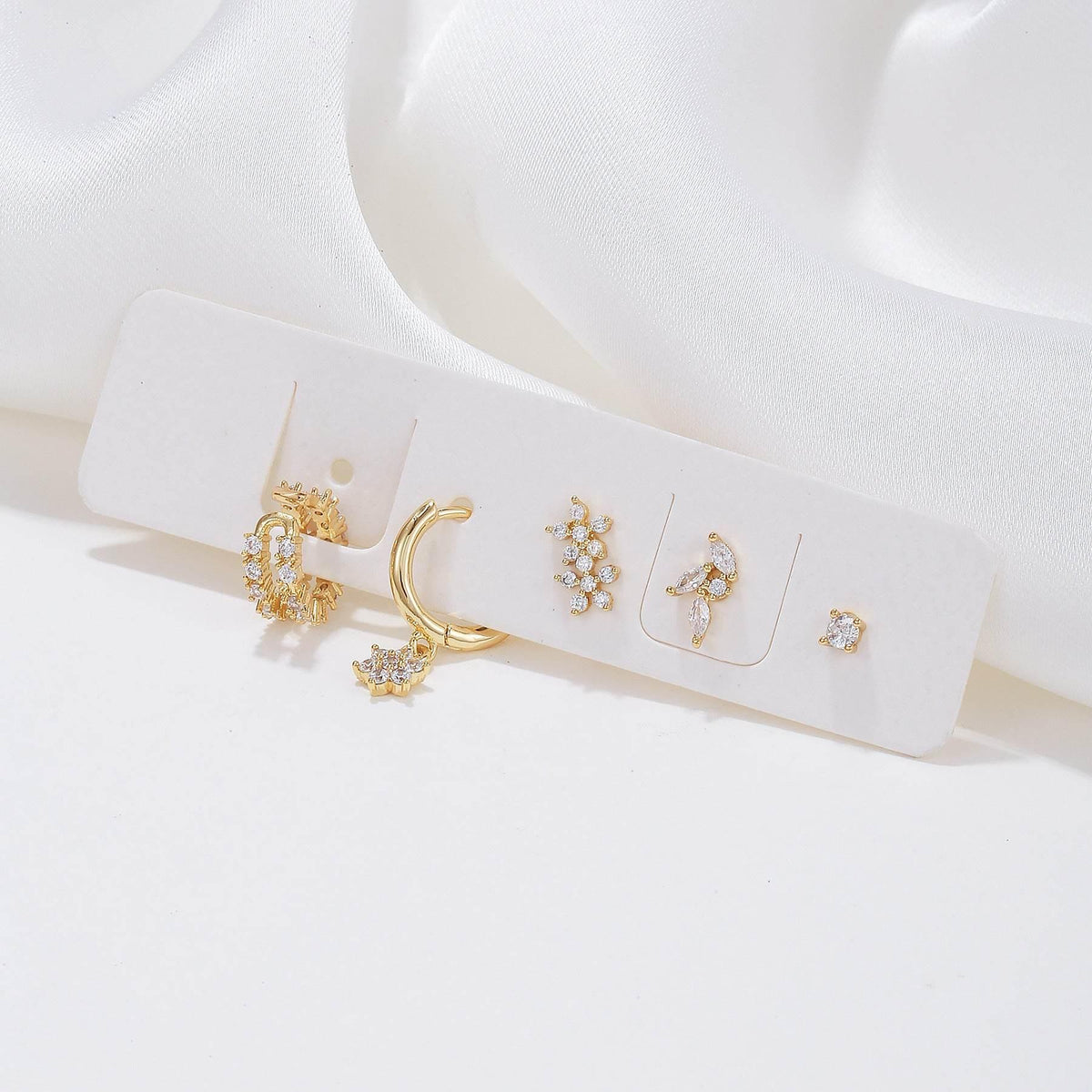 Stacking 5 Pieces Floral & Geometric Zirconia Earring Set, 18k Gold Plated Studs, Drops & Hoops, S925 Needle