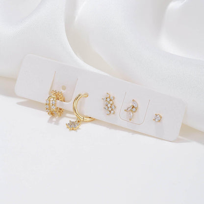 Stacking 5 Pieces Floral & Geometric Zirconia Earring Set, 18k Gold Plated Studs, Drops & Hoops, S925 Needle