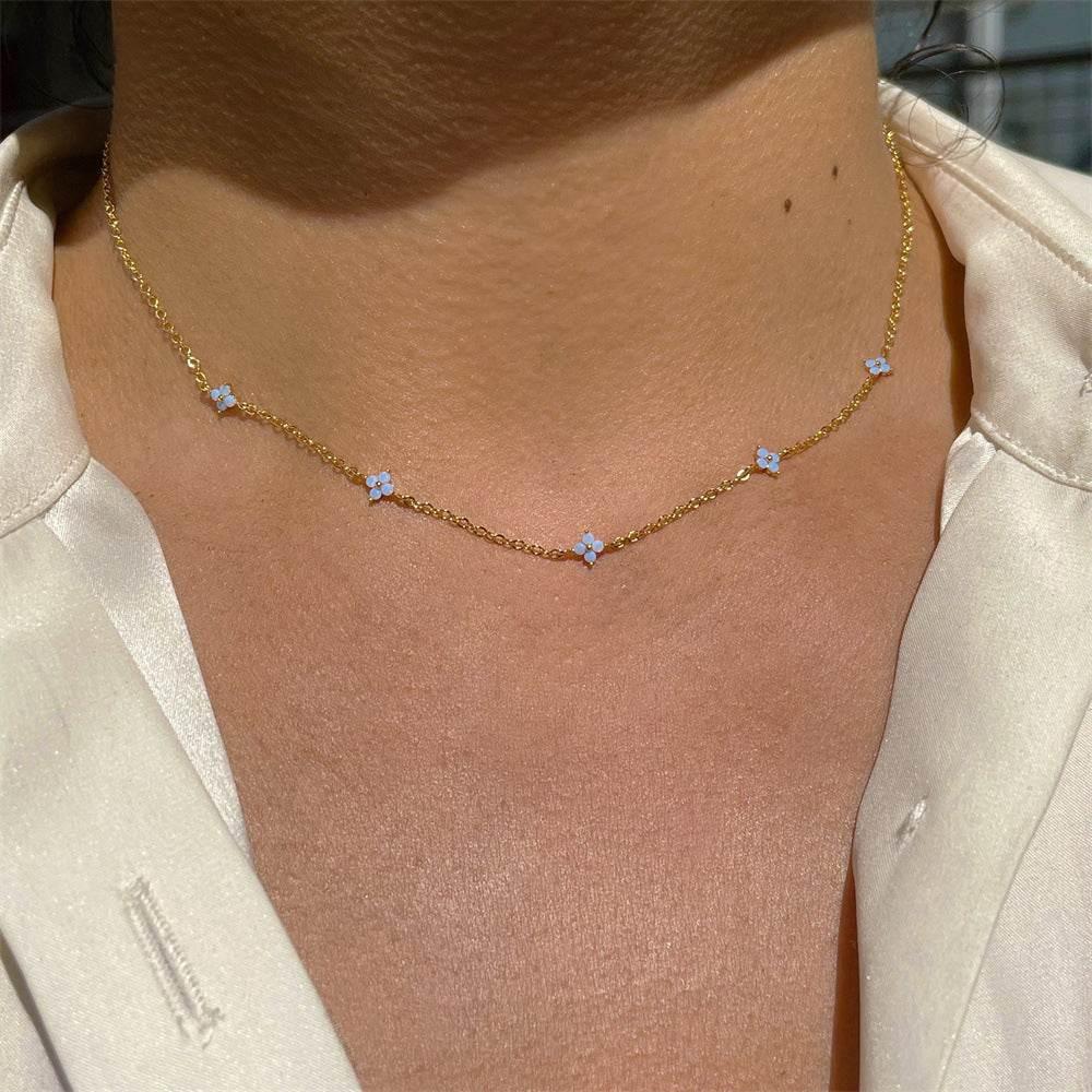 18K Gold Plated Tiny Blue Flower Necklace For Women, Gold Color Cute Pendant Necklace, Trendy Female Fashion Jewelry | Cubic Zirconia