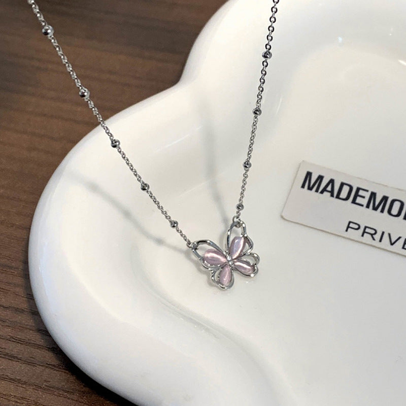 Strawberry Crystal Hollow Butterfly Pendant Necklace