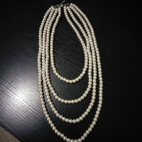 Multilayer Strand Chain Necklace Faux Pearls Flapper Beads Cluster Long Choker Necklace