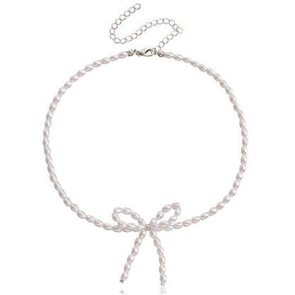 Pearl Chain Bow Knot Pendant Pearl Choker Necklace