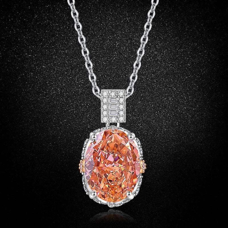 Multicolor Ice Flower Cut Oval CZ Pendant Necklace, 10*14mm 8A Cubic Zirconia, Two-Tone Pave CZ Halo with Pavé Top Frame, Adjustable Chain
