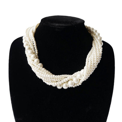 Vintage Choker Faux Pearl Multi Strand Twisted Necklace