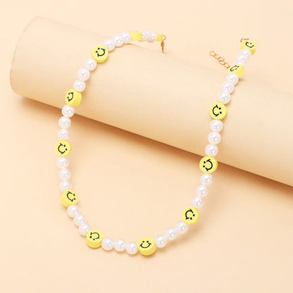 Bohemian Style Smiley Face and White Resin Pearl Necklace