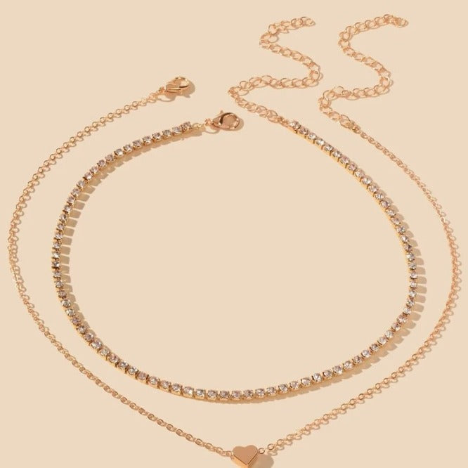 Layer Heart Rhinestone Chain Necklace