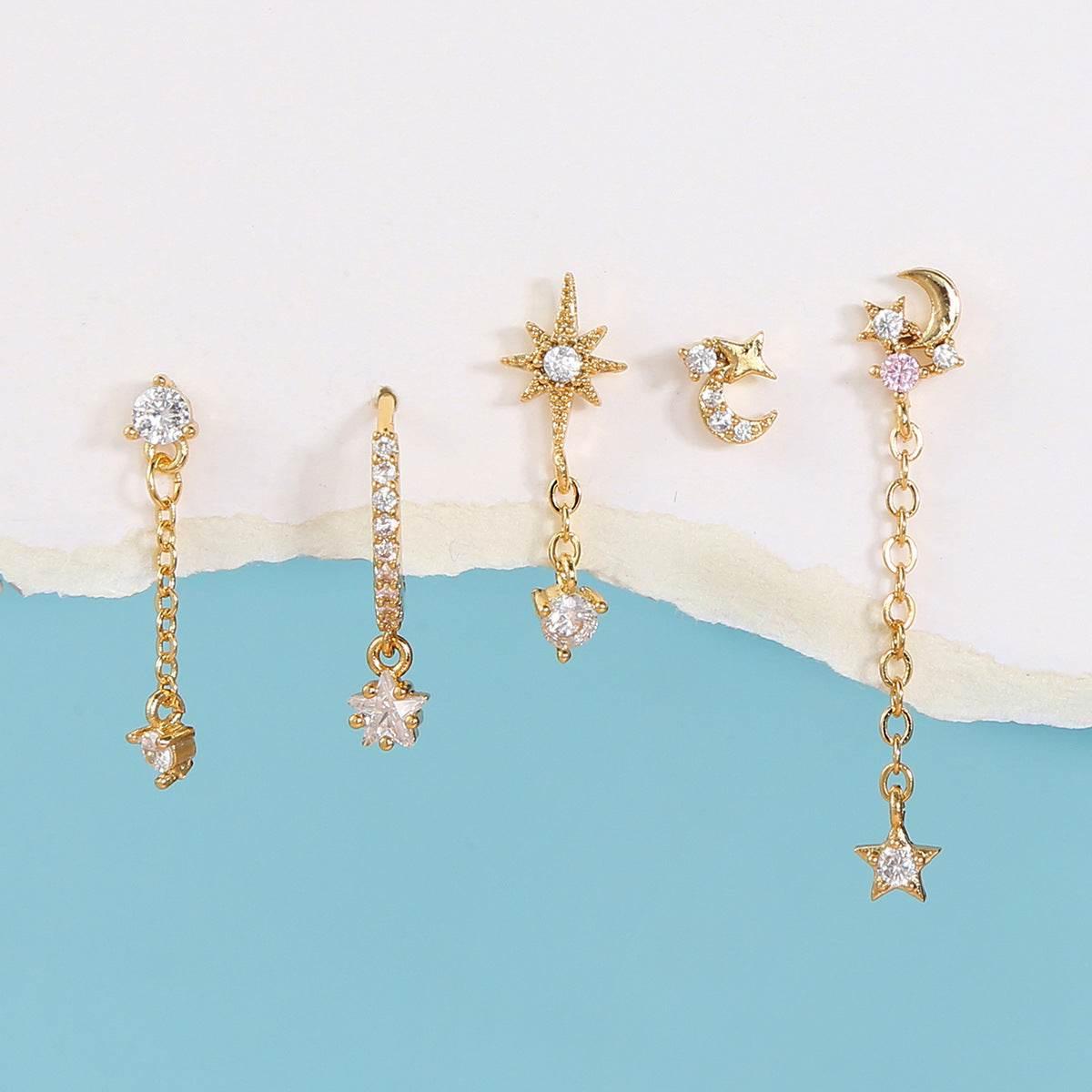 Stacking 5 Pieces Eight-Pointed Star Earrings Set, 18k Gold Plated Ear Studs & Ear Drops, Stacked Lobe Design with Dazzling Zircon Stones