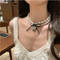 Goth Black Ribbon Bow Heart Pendant Necklace