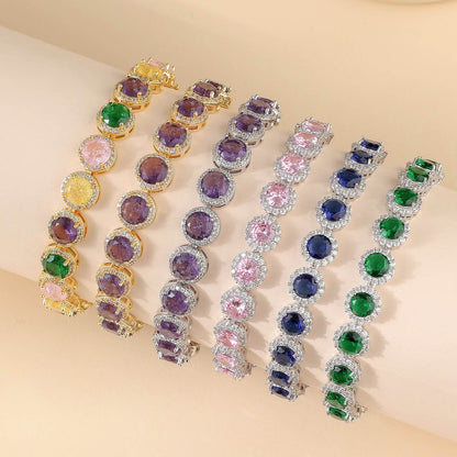 Dazzling Multicolor Cubic Zirconia Round Halo Chain Bracelet, Colored Gem Stones, Adjustable Design, and Unique Patterns