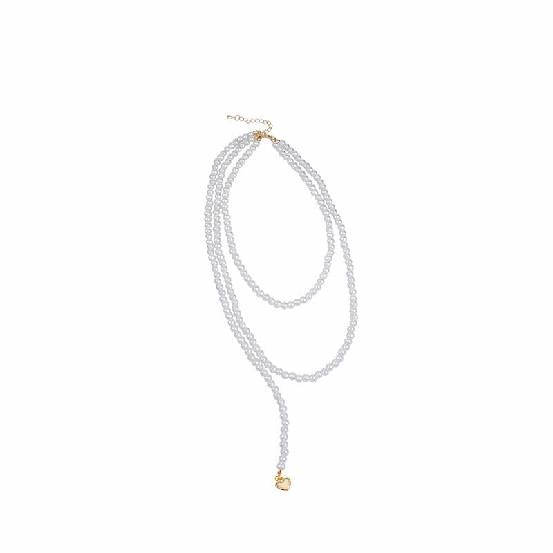Long Pearls Necklace Layer Beads Heart Pendant Vintage Jewelry