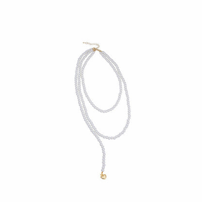 Long Pearls Necklace Layer Beads Heart Pendant Vintage Jewelry