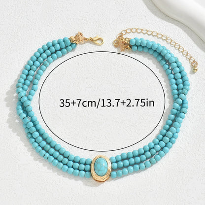 Retro Geometric Beaded Necklace Simple Turquoise Multi-layer